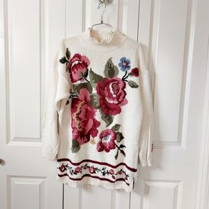 80s‎ Pink Floral Mock Neck Sweater Pearl Beads Large Capacity Grannycore Cottage